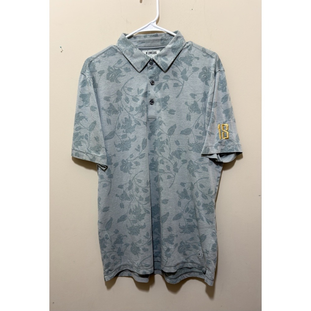 Linksoul Men's Large Sage Green Floral Golf Polo Shirt 18th Hole Embroidered